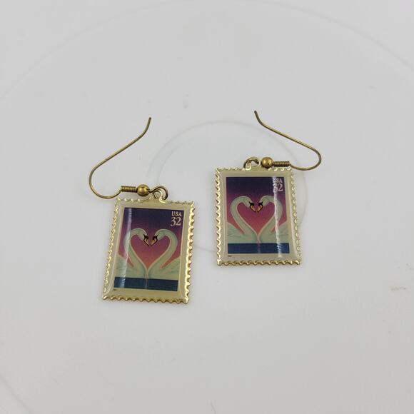 Swan Love 32 Cent Stamp Dangle Earrings Heart Gold Tone Postage Mail USA - Picture 1 of 12